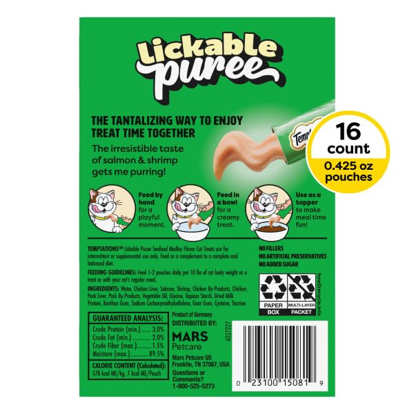 TEMPTATIONS CREAMY PUREE SQUEEZABLE LICKABLE CAT TREATS, WET CAT TREATS WITH SALMON AND SHRIMP, 0.42 OZ. TUBES, 16 COUNT