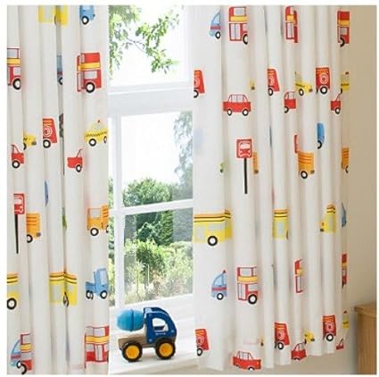Boys Cars Vehicles Lined Curtains Kids Transport Bus Traffic Road
