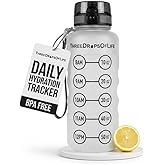 Three Drops of Life 50oz Hydration Tracker Sport Water Bottle – Frosted Clear Tritan With Time Marker, Leak-Resistant, Easy Flow Spout, Comfortable Strap For Daily Hydration