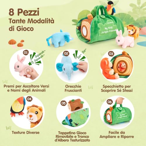 hahaland Giochi Bambini 1 Anno, Set di Peluche Animali con Suoni Realistici | 6 Animali Giungla con Suoni, 2 in 1 Tappetino da Gioco & Borsa, Giocattoli Montessori Sensoriale, Regalo 6 9 12 Mesi