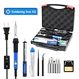 YOUSHARES Adjustable Temperature Soldering Iron Kit 7 in 1 - included 60W 110V Soldering Gun Pen ON/OFF Switch, 5 Soldering Tips, Solder Sucker, Tool Box, Solder Wire, Tweezer, Cleaning Sponge Stand
