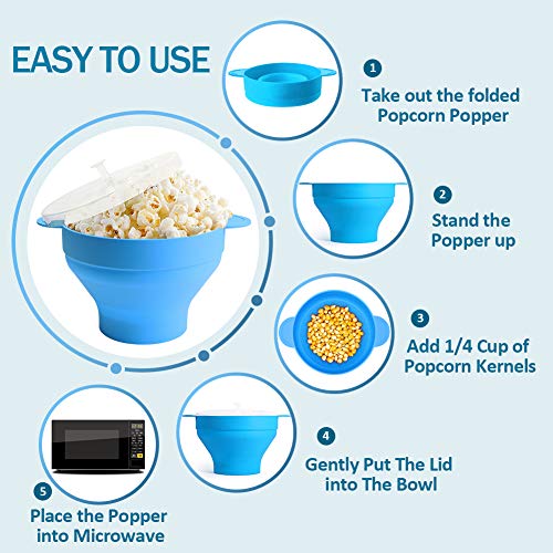 Microwave Popcorn Popper, HIPPIH 100% BPA Free Silicone Popcorn Maker with FDA approved, Collapsible Popcorn Bowl With Lid and Handles for Homemade Popcorn-Light Blue - Thumbnail 2