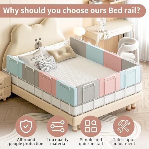 Uniiking® Baby Bed Rail for Toddlers, Adjustable Bed Rails with Safety, Kids Rails Bumper, Soft Safety Beds Guard Rail for Kids, Beds Side Rail for Twin, Full, Queen & King Bumper (40", 2 Pack)