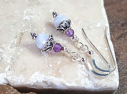 Blue Lace Agate & Amethyst Earrings Sterling Silver Drop