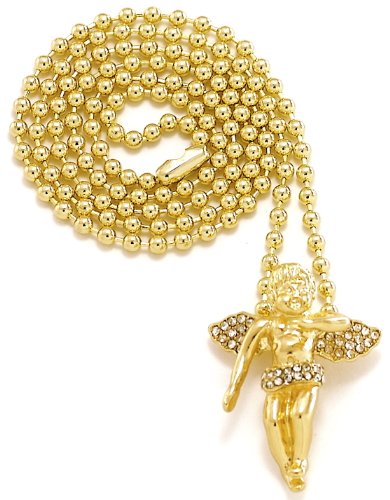 GWOOD Angel Necklace D Small Size Iced Out Gold Color With 27 Inch Ball Chain