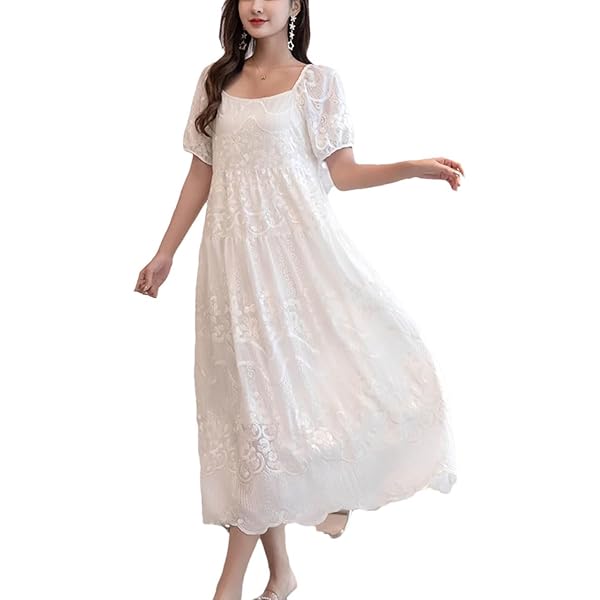 Women Fashion Lace Hollow Out Short Sleeve Dress Vintage Elegant Long  Dresses 234 S at Amazon Women's Clothing store