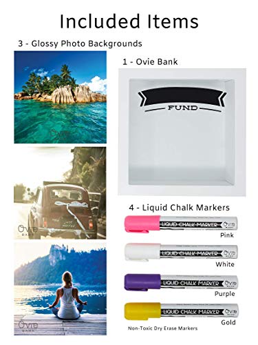 OVIE Adult Piggy Bank - Shadow Box with Wood Frame - Keep in Kitchen to Track Vacation / Honeymoon/ Wedding / Adventure Funds - 6X6 Frames - Clear Glass / Picture Background / Colored Markers
