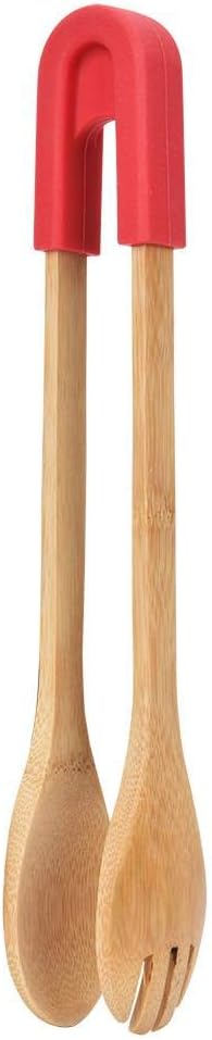 Bamboo BBQ Clip Cooking Kitchen Food Tong Clamp Buffet Food Tongs with Silicone Head for Salad Bread(Red)
