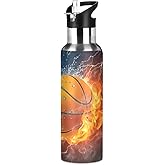 Watercolor Burning Basketball Water Bottle with Straw Lid, Stainless Steel Water Cup for 21 Oz Hot Cold Drinks