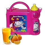 Qasass Kids Lunch Box Combo, Lunchbox Combo Set for Pre-School & Kindergarten With Attachable Plastic Water Bottle, Shoulder Strap, Beni Bear Design, Choice of Blue, Pink, or Yellow