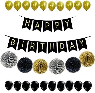 27 Pcs Black, Gold and Silver Pom Poms Party Kit, Decoration Garland, Balloons, dots - Birthday, Bachelorette Parties, Wedding, Graduation, Anniversary