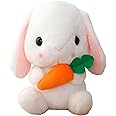 HOUPU Soft Toy - Sitting Lop Eared Rabbit, Easter White Rabbit Stuffed Bunny Animal with Carrot Soft Lovely Realistic Long-Eared Standing Pink Plush Toys (White-Carrot,8.6in/22cm)