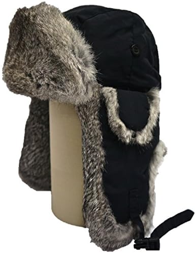 Hunting Alaskan Trail Brand Rabbit Fur Bomber Hat (Black Shell / Grey Fur)--Large