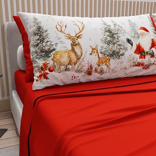 PETTI Artigiani Italiani - Lenzuola in Cotone con Federe in Stampa Digitale di Natale, Lenzuola Natalizie Una Piazza e Mezza Francese, Completo Letto Natalizio, Xmas 17 Rosso, 100% Made in Italy