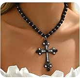 Large Pearls Beaded Cross Necklace for Women, Goth Round Balls Pearls Crucifix Choker Vintage Statement Collar Necklace Exaggerated Big Jewelry