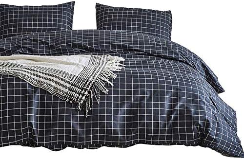 Lurson Grid Duvet Cover Twin Dark Navy Blue Plaid Duvet Cover Lattice Bedding Set, Men Duvet Cover Twin Lightweight Soft