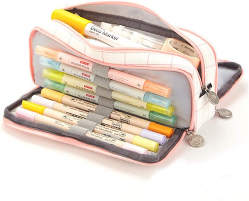 Oyachic Cute Plaid Pencil Case Large Striped Makeup Pouch Cosmetic Organizer Bags 3 Layer Zipper Pen Holder for Women School