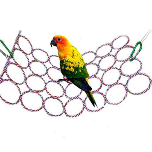 Bird Hemp Rope Net Swing,Parrot Perch Climbing Rope Ladder,Hammock Hanging on Parakeet Cage wiht 2 Hooks,Chew Toys for Greys Cockatoo,Cockatiel,Conure,Lovebirds,Canaries,Little Macaw 13.8" x 23.6"