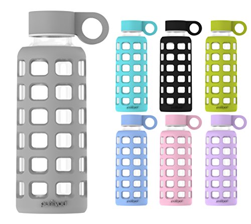 purifyou Premium Glass Water Bottle with Silicone Sleeve and Stainless Steel Lid, 12 / 22 / 32 oz (Pastel Gray, 22 oz)