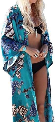 Floral Season Women Casual Lightweight Long Kimono Cardigan Blue XX-Large