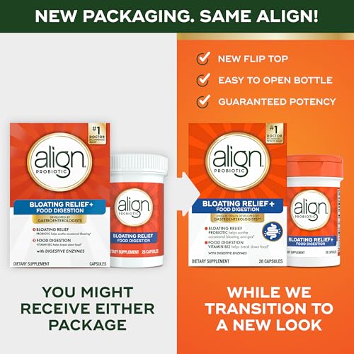 ALIGN PROBIOTIC BLOATING RELIEF + FOOD DIGESTION, PROBIOTICS FOR WOMEN AND MEN, #1 DOCTOR RECOMMENDED BRAND‡, PROMOTES DIGESTIVE HEALTH AND HELPS SUPPORT THE METABOLISM OF FOOD*, 28 CAPSULES