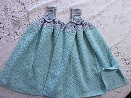 Set of 2 Aqua Blue Double Layer Honeycomb Design Hanging Kitchen Towels with Light Gray Cotton Crochet Top - Best Quality