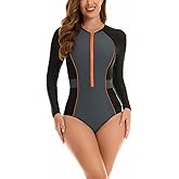 LafyKoly Women's One Piece Rash Guard Swimwear Long Sleeve Zipper UV Protection Swimsuit Surfing Bathing Suits