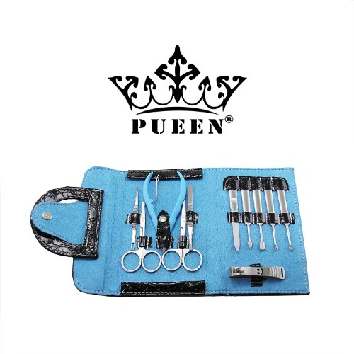 PUEEN Black Crocodile 11 Pcs Stainless Steel Manicure & Pedicure Kit, Travel & Grooming Set, Personal Care Tools in Black Roll Up Vegan Leather Case-BH000011