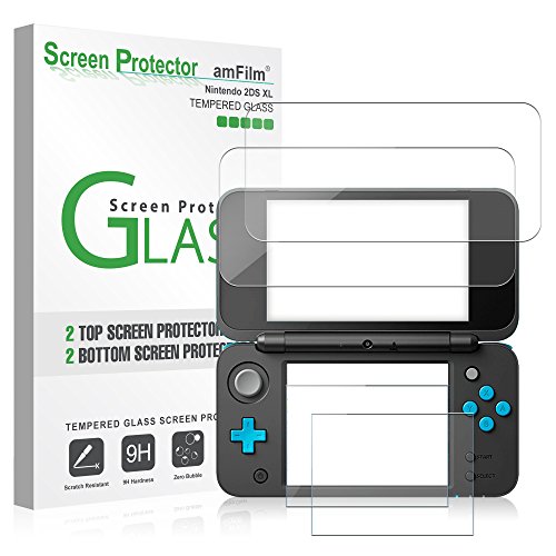 amFilm Nintendo 2DS XL Glass Screen Protector, [2 Glass Top, 2 Glass Bottom] Screen Protectors for New Nintendo 2DS XL 2017 (4 Protectors in Package)