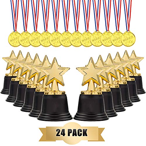 LEFUBABY 24 Sets Children's Gold Plastic Award Medals Trophy Set- 12 PCS Trophies & 12 PCS Medals for Kids and Adults Reward Prizes for Sports Events and Parties Celebration in Office School Favors