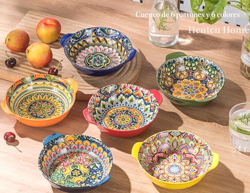 Henten Home Set of 6 Bowls with Handles, Salad Plates, Bohemian Style Bowls, 520 ml, Ceramic Pasta Plates for Pasta, Soups, Salads, Fruits
