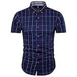 MUSE FATH Short Sleeve Shirt-100% Cotton Plaid Shirt-Easycare Short Sleeve Shirt-Deep Blue-M