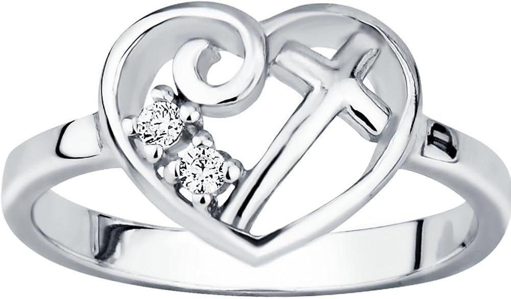 Christian Promise Ring for Her Sterling Silver CZ Simulated Diamond Heart & Cross Promise Ring