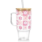 ONEHAUS Cute Flower Glass Tumbler with 2 Lids and 2 Straws, 40oz Glass Cup with Handle for Girls, Valentines Gifts Car Accessories for Women