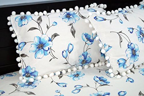 Huetex Floral with Pom Poms Cotton King Bedsheet - 120 TC, White and Blue