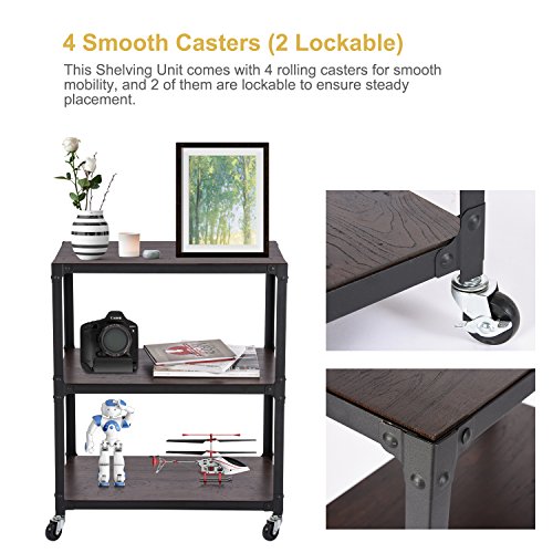 MaidMAX 3 Tiers Rolling Unit with Wooden Shelf and Metal Frame, Storage Organizer Utility Cart with 4 Wheels for Bedroom Living Room and Office, 2 Lockable