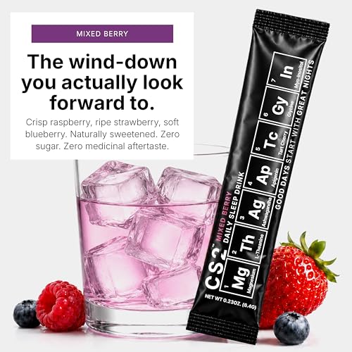CS2 Sleep Support Drink Mix - Melatonin Free Sleep Support Drink with Magnesium Glycinate, L-Theanine, Ashwagandha, Apigenin, Tart Cherry - Non-Habit Forming, Sugar-Free - Mixed Berry, 30 Servings
