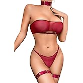 Kaei&Shi Sheer Mesh Lingerie Set, Sexy Bra And Panty 4PC, Strapless Choker