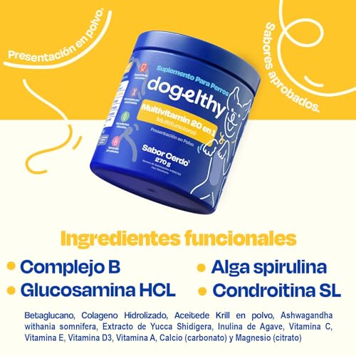 Dogelthy Multivitamin 20 en 1. Suplemento para Perros con con Glucosamina, Complejo B, Aceite de Krill, Vitaminas y Antioxidantes en Polvo. Complemento para Croquetas o Dieta Barf Sabor Cerdo de 270g