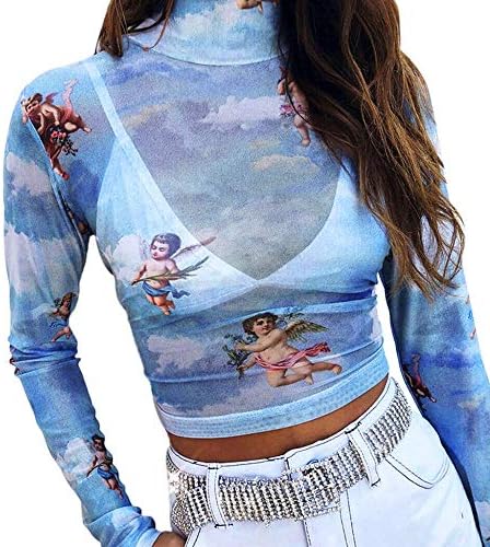 Women Mesh Angel Shirt Sexy Crop Tops Club Slim Casual Top Angel Print Graphic Vest See Through Summer