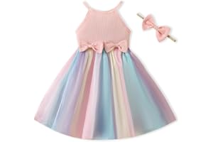 Xanbix Baby Girl Tulle Dress with Bow & Daisy Belt-7 Colors for 3 Months-3 Years Soft Princess Party Outfit