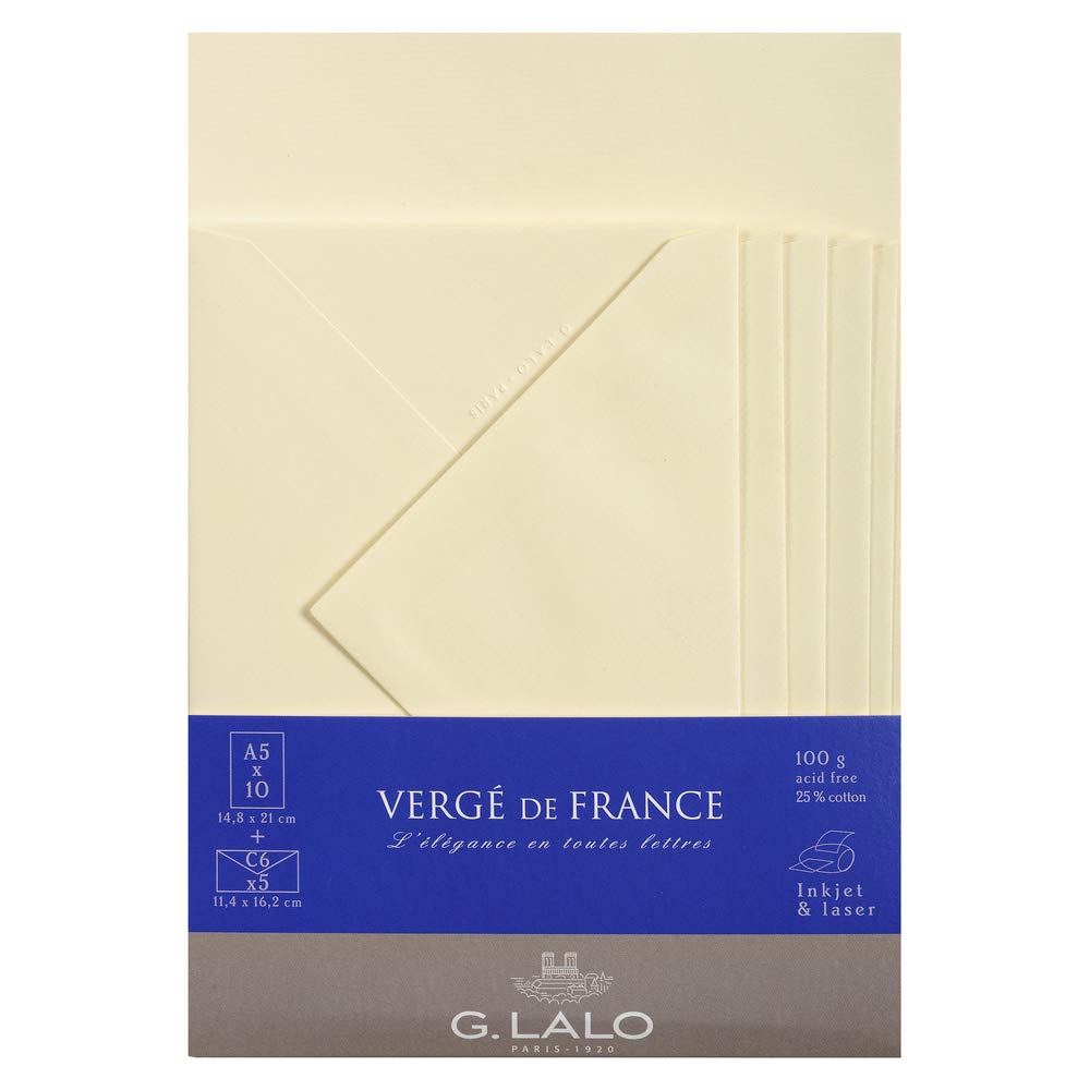 Lalo 61416L - Verge De France A correspondence set including 10 A5 100g sheets and 5 gummed lined envelopes C6 11.4x16.2 cm, Laid Paper from France, Ivory