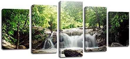 Laiwang-5 Panels Modern Green Trees Waterfall Pictures Canvas Prints Large Landscape Artwork Painting Wall Art for Living Room Bedroom Kitchen Office Home Decorations Framed Ready to Hang