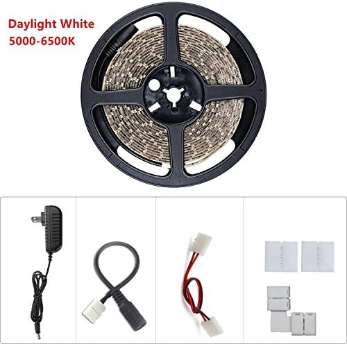 LED Strip Lights - 16.4ft Daylight White String Lights with 300 Units SMD2835, 72Lm/ft, 5000-6500K, 12V DC Power Adapter, Non-Waterproof. Flexible LED Rope Lights for Bedroom/Sitting Room/Indoor etc.