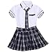 FEESHOW Women School Girls Uniform Set Cosplay Costume Tie Top shirt with Plaid Skirt Navy Blue XX-Large
