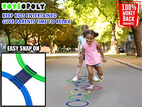 Hopscotch Ring Game - 13 inch - Best Outside Toys to Play for Boys Girls and Kids. 10 Pieces Multi-Colored Plastic Rings and 15 Connectors. Fun Indoor, Outdoor, Summer, Beach, Church and School