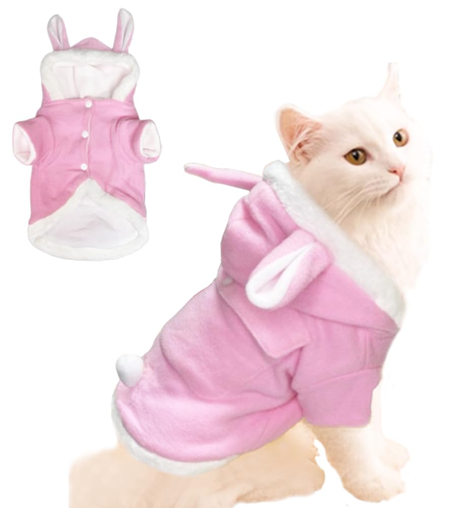 Photo 1 of ANIAC Bunny Ears Cat Costume Plush Dog Hoodies with Pocket Sweater Cute Kitten Cat Clothes Warm Rabbit Ears Outfit with Hood for Small Dog Cat and Puppy (Pink-2, Large)