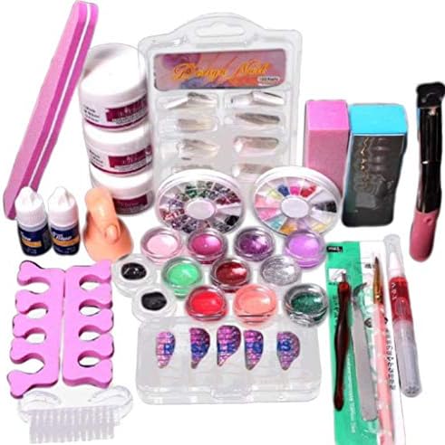 Hennta Nail Care Sets, 24 in 1 Combo Full Acrylic Nail Glitter Powder Nail Art Builder Decoration Tips Nail Cosmetology Tools Manicure Kit, Tip File Brush Dotting Pen Kit Tweezer Clipper Block