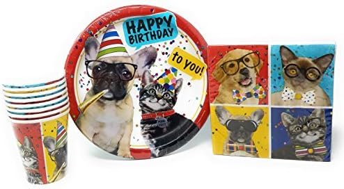 PartyDeiz Pets Party Packs (10 Paper Plates, 20 Napkins and 8 paper cups) Dogs &amp; Cats Party Supplies, Dog Themed Birthdays, Puppy Decorations