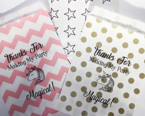 Bakers BlingBirthday Party Unicorn Favor Bags with Stickers, Thanks for Making My Party Magical, Gold and White Polka Dots, Blush Pink Chevron, 5.5" W x 7.5" H, Set of 48 Bags, 48 Stickers